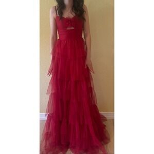 Blondie Nites Women's Juniors' Red Tyler Mesh Tiered Gown Dress Size 0